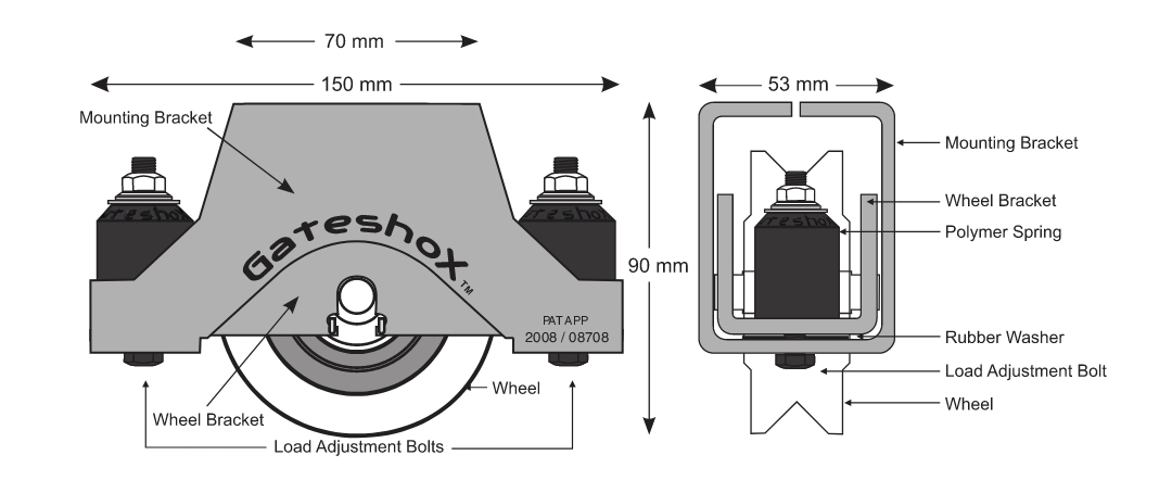 GateshoX V3 dimensions: 150 × 90 × 53 mm, 70mm centres